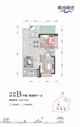 B户型75-77㎡两房两厅