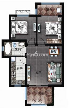 D1户型图 2室2厅1卫1厨 75㎡
