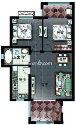 D1户型图 1室2厅1卫1厨 75㎡