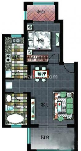 E户型图 1室2厅1卫1厨 60㎡