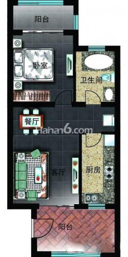 D2户型图 1室2厅1卫1厨 61㎡